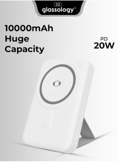 glassology 10000mAh 20W 2-in-1 Magsafe Wireless Fast Magnetic Power Bank Charger with Foldable Stand, Phone And Watch Charging, Portable Type-C for iPhone 12/13/14/15 Pro Max, Samsung S23/S22/S21, Android White  - Image 1