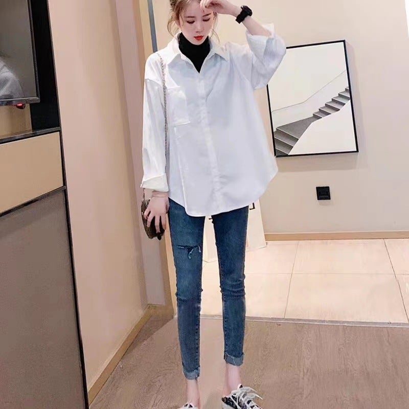 Autumn Winter Mock-Layered Long Sleeve Shirt 880 white with pockets fabric