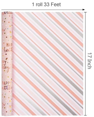 MAYPLUSS Birthday Wrapping Paper Roll, Pink Metallic Holographic Happy Birthday Wrapping Paper Featuring Revesible Stripe Gift Wrap Paper for Girls Boys Kids Men, 17 Inches x 33 Feet - Image 4