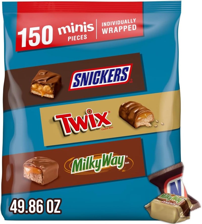 Mars SNICKERS, TWIX & MILKY WAY Minis Assorted Chocolate Candy Variety Pack - 150 Count Bulk Bag for Halloween - Image 1