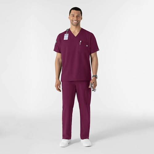Wink W123 Men's V-Neck Scrub Top with 6 Pockets, Wine, Large - Image 3