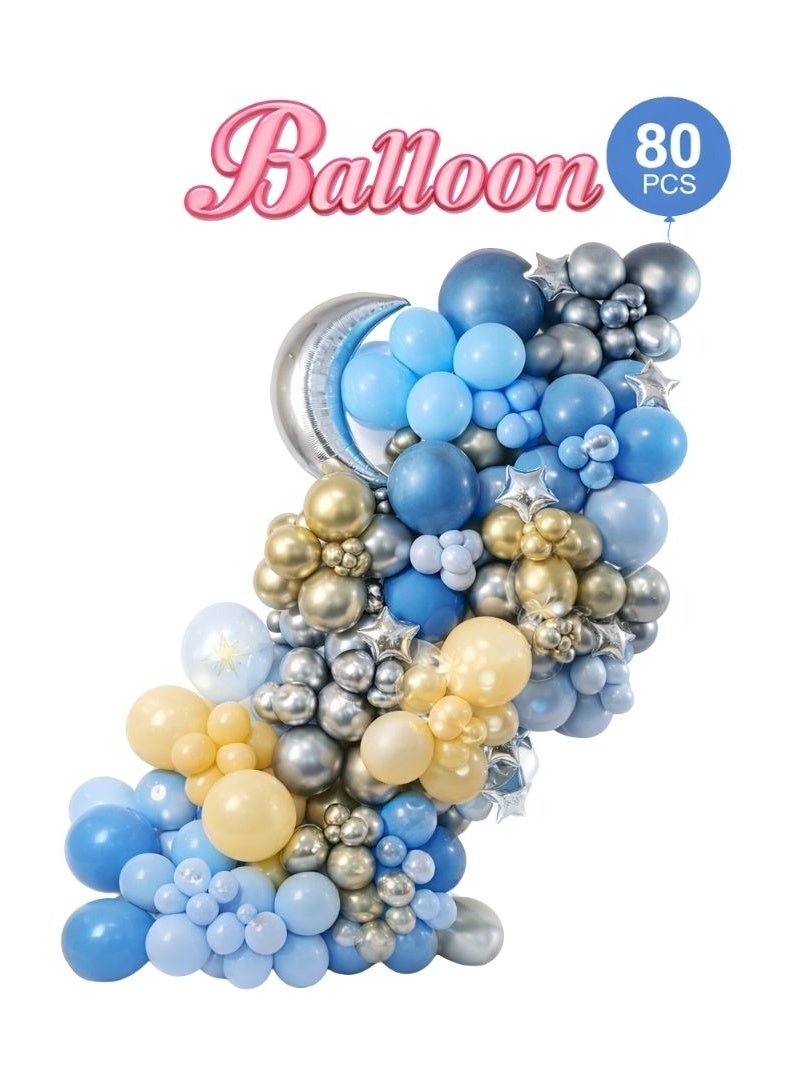 ديمي طقم زينة بالونات 80 قطعة | أزرق وذهبي وفضي مع بالون قمر - Image 1