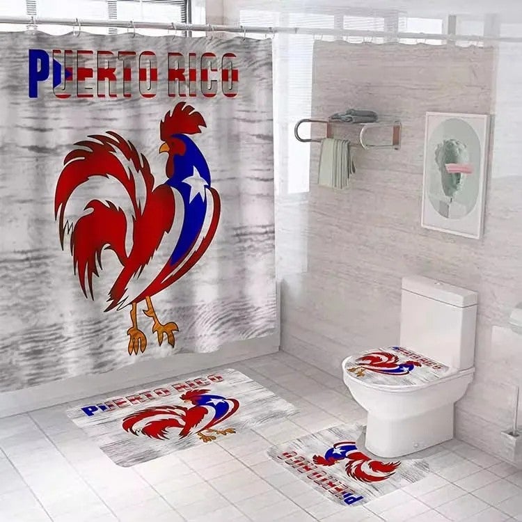 Bluejw 4 Pcs Shower Curtain Sets Puerto Rico Flag Waterproof  Bathroom Set with Non-Slip Rugs Toilet Lid Cover Bath Mat - Image 1