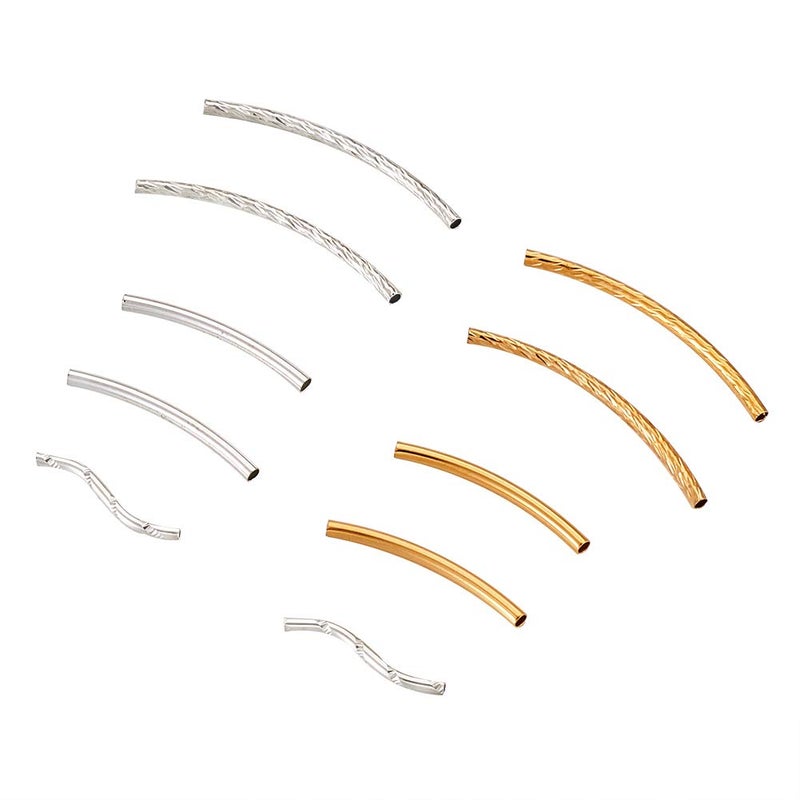 KISSITTY 200Pcs 2mm by 35mm Golden Plated Brass Long Curved Noodle Tube Spacer Beads for DIY Craft Jewelry Making