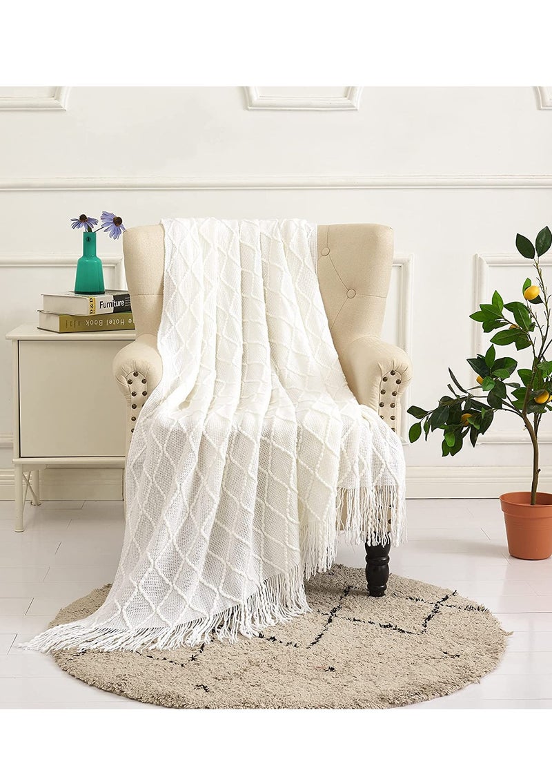 KASTWAVE - Sofa Decorative Blanket, Soft and Comfortable Knitted Blanket with Tassels for Sofa and Bed Diamond Shaped Coverlet Lightweight Decorative Bed End Blanket Nap Blanket (beige, 127x152cm) - Image 1