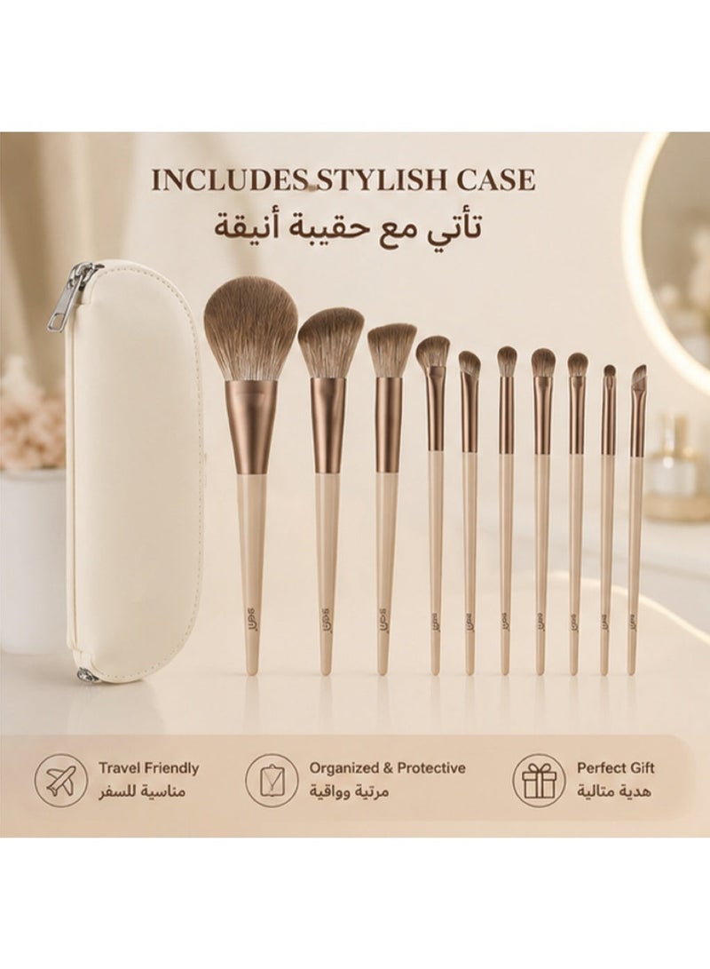 مجموعة فرش مكياج ناعمة مكونة من 10 قطع، فرش تجميل فاخرة للبودرة، أحمر الخدود، ظلال العيون، وتحديد ملامح الوجه، مع حقيبة تخزين محمولة للاستخدام اليومي. - Image 3
