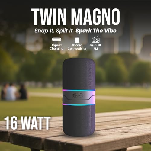 Toreto Twin Magno Magnetic Wireless Bluetooth Speaker 16W | Detachable Dual Speakers, RGB Lights, 6H Playtime, TWS Stereo Mode, Type-C Charging| Portable Wireless Speaker (Grey) - Image 2