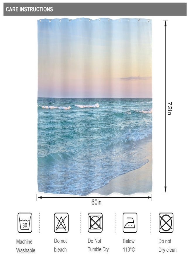 Riyidecor Beach Sea Shower Curtain for Bathroom Decor 60Wx72H Hawaiian Ocean Wave Blue Pink Tropical Coastal Seaside Summer Scenery Island Art Printed Fabric Polyester Waterproof 12 Pack Plastic Hooks - Image 3