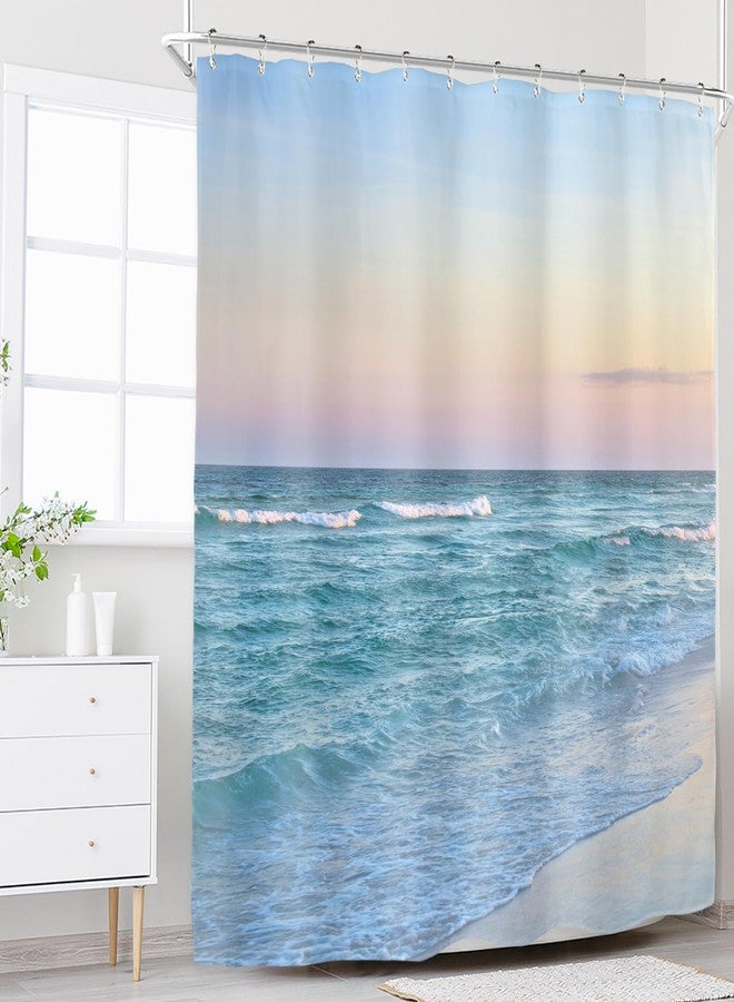 Riyidecor Beach Sea Shower Curtain for Bathroom Decor 60Wx72H Hawaiian Ocean Wave Blue Pink Tropical Coastal Seaside Summer Scenery Island Art Printed Fabric Polyester Waterproof 12 Pack Plastic Hooks - Image 2