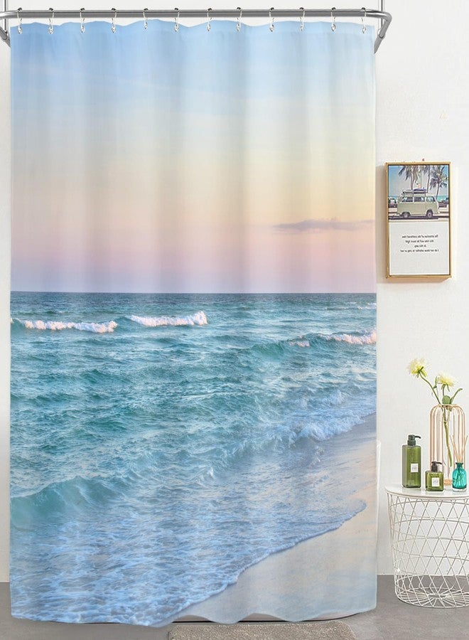 Riyidecor Beach Sea Shower Curtain for Bathroom Decor 60Wx72H Hawaiian Ocean Wave Blue Pink Tropical Coastal Seaside Summer Scenery Island Art Printed Fabric Polyester Waterproof 12 Pack Plastic Hooks - Image 1