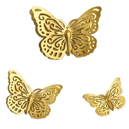 Remenna Gold Finish Metal Butterflies Wall Art Set of 3 Metal Wall Decor Butterfly Hanging Decor for Bedroom Bathroom Living Room Garden Kitchen - Image 1