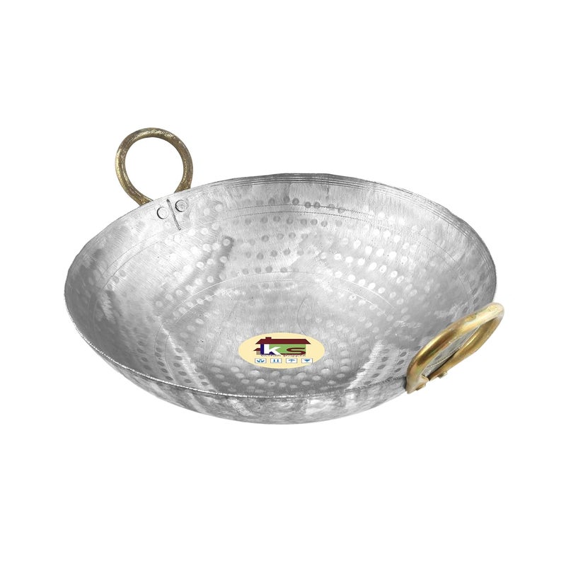 KITCHEN SHOPEE KITCHEN SHOPEE Heavy Base Iron Matthar Kadhai Kadai Deep Frying Cooking Handmade pan Multipurpose use with Handle Golden Rings Silver Color Induction Bottom 8 INCH 15 Liter  - Image 1