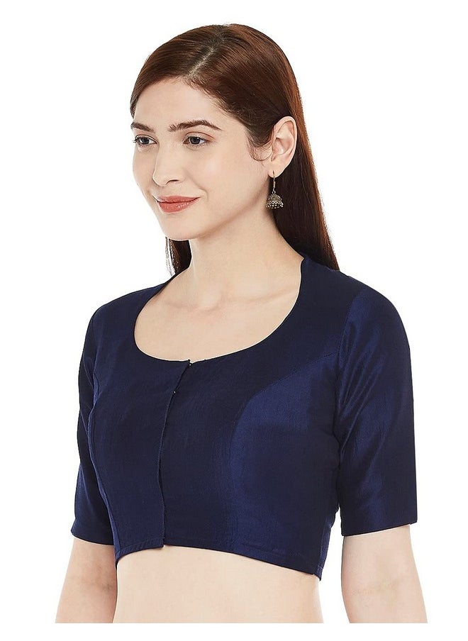 Studio Shringaar - Studio Shringaar Women's Polyester Readymade Soft Solid Colored Saree Blouse with Short Sleeves(Navy Blue, 46) - Image 1