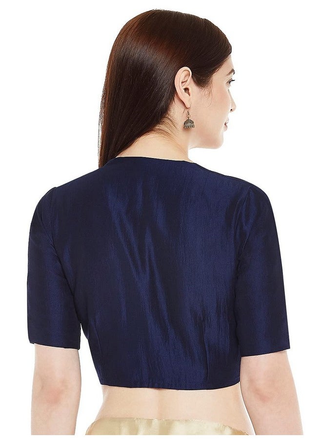 Studio Shringaar - Studio Shringaar Women's Polyester Readymade Soft Solid Colored Saree Blouse with Short Sleeves(Navy Blue, 46) - Image 1