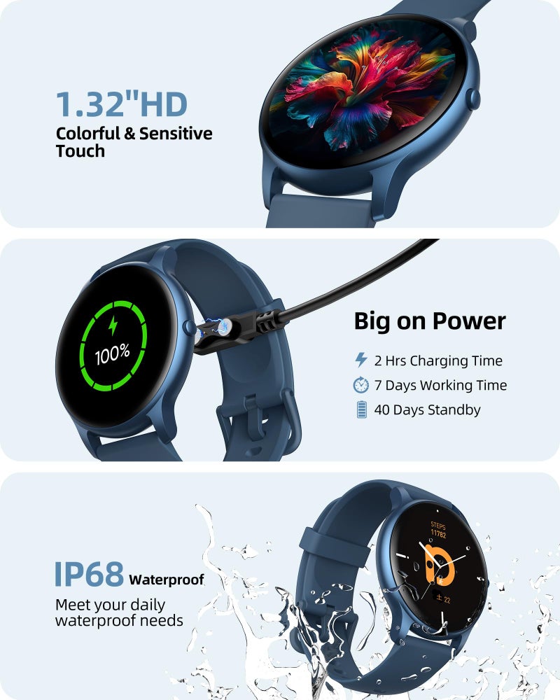 Parsonver Smart Watch for Men Women(Answer/Make Calls), 2024 Smartwatches for Android iOS, Fitness Tracker with Heart Rate/SpO2/Sleep/Stress Monitor, Pedometer, IP68 Waterproof 100+ Sports Modes, Blue - Image 5
