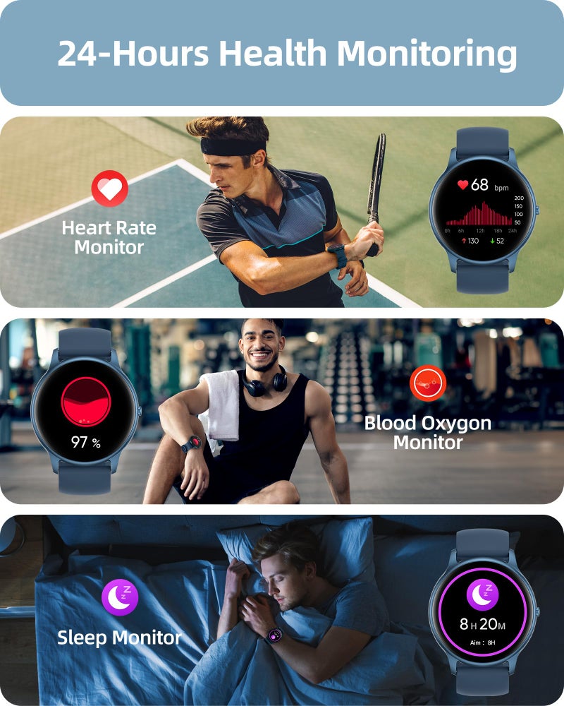 Parsonver Smart Watch for Men Women(Answer/Make Calls), 2024 Smartwatches for Android iOS, Fitness Tracker with Heart Rate/SpO2/Sleep/Stress Monitor, Pedometer, IP68 Waterproof 100+ Sports Modes, Blue - Image 3