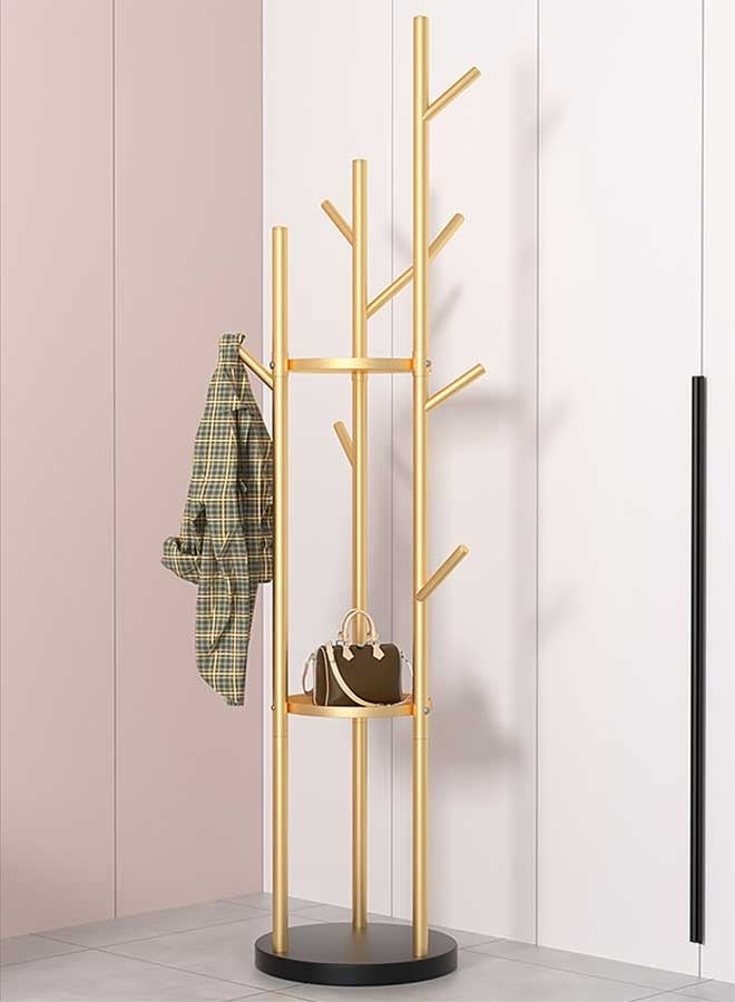 رَوَائِد رف ملابس معدني – حامل ذهبي مع رفوف وقاعدة من الرخام – شجرة معاطف مزودة بـ9 خطافات للأوشحة والحقائب – تصميم عصري – مناسب للمداخل، غرف المعيشة والنوم – سهل التركيب - Image 1