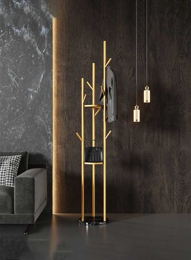 رَوَائِد رف ملابس معدني – حامل ذهبي مع رفوف وقاعدة من الرخام – شجرة معاطف مزودة بـ9 خطافات للأوشحة والحقائب – تصميم عصري – مناسب للمداخل، غرف المعيشة والنوم – سهل التركيب - Image 3