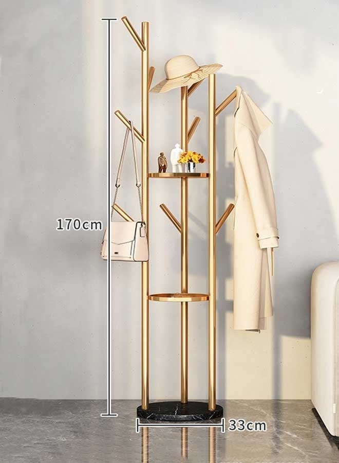 رَوَائِد رف ملابس معدني – حامل ذهبي مع رفوف وقاعدة من الرخام – شجرة معاطف مزودة بـ9 خطافات للأوشحة والحقائب – تصميم عصري – مناسب للمداخل، غرف المعيشة والنوم – سهل التركيب - Image 2