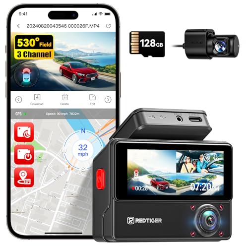 REDTIGER VP20 530° 3 Channel Dash Cam Front Rear and Inside, 2.5K+2.5K+1080P Car Camera, Built-in WiFi GPS, IR Night View, 3.18" Touchscreen, Parking Mode, 128GB Card Included, Up to 512GB Supported - Image 1