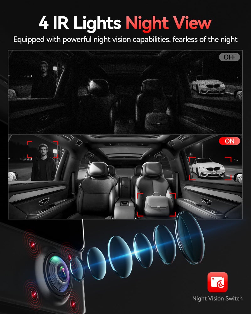 REDTIGER VP20 530° 3 Channel Dash Cam Front Rear and Inside, 2.5K+2.5K+1080P Car Camera, Built-in WiFi GPS, IR Night View, 3.18" Touchscreen, Parking Mode, 128GB Card Included, Up to 512GB Supported - Image 4
