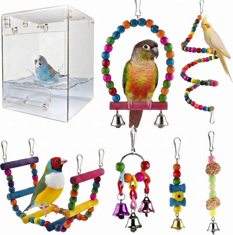 POWERFUL Bird Bathtub, Hanging Bird Cage Bird Bath Bowl Transparent Acrylic Bird Bath House Big 17 * 13 * 13 (Transparent+ 6 bird toys) - Image 1