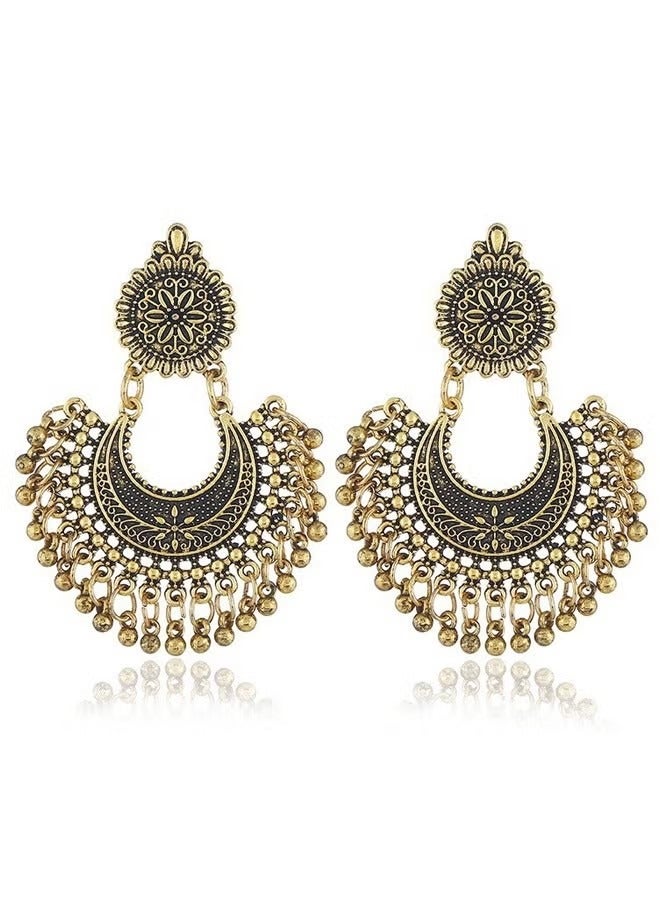 Vintage Alloy Fan-Shaped Carved Flower Bell Tassel Drop Earrings - Image 1