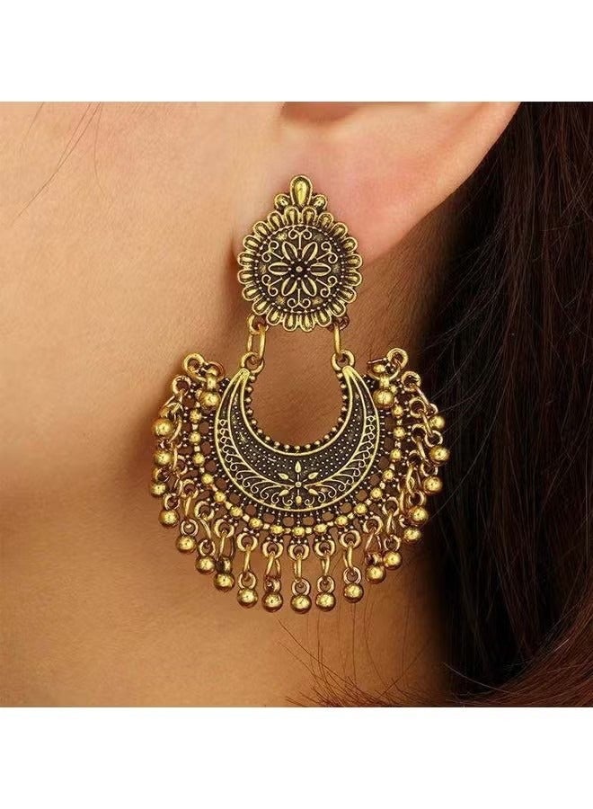 Vintage Alloy Fan-Shaped Carved Flower Bell Tassel Drop Earrings - Image 2