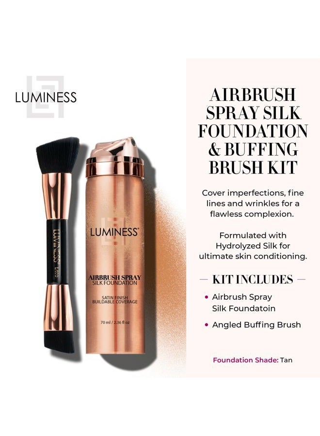 LUMINESS Silk Airbrush Spray Foundation & Buffing Brush Kit – Full Coverage Foundation & Dual-Sided Buffing Brush - Buildable Coverage, Anti-Aging Formula Hydrates & Moisturizes (Shade - Tan) - Image 2