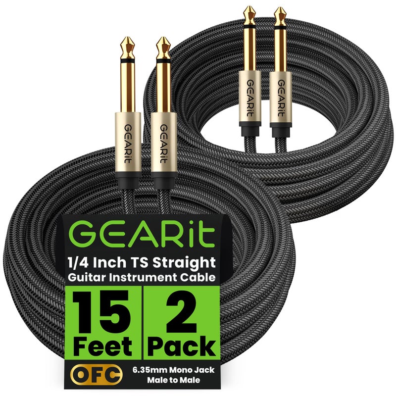 GEARit Guitar Instrument Cable (15ft 2-Pack) 1/4 Inch to 1/4 inch TS Straight Male to Male 6.35mm Mono Jack with Alloy Connector and Nylon Braid - Image 1