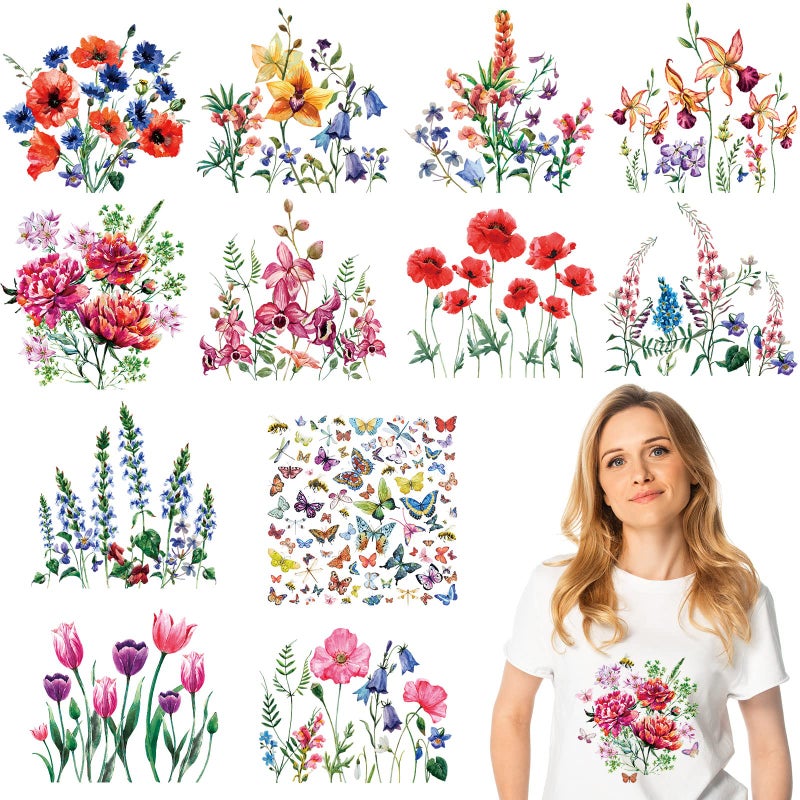 Fainne Fainne 12 Sheets Iron on Decals  Watercolor Transfers for Clothing Heat Transfer Stickers Spring Appliques for TShirts Jackets DIY Art DecorFlower 