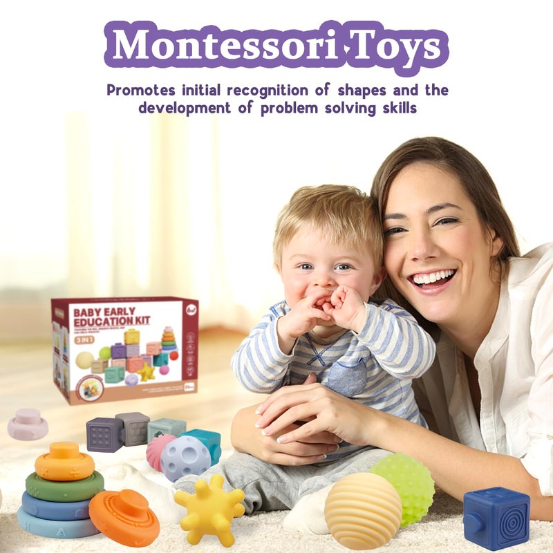 IFLOVE Montessori Toys for Babies,Soft Stacking Building Blocks Rings Balls Sets,3 in 1 Baby Toy Bundle,Sensory Toy for 6-12 Months, Soft Teething Toys,Baby Easter Basket Birthday Gifts for Boy Girl - Image 4