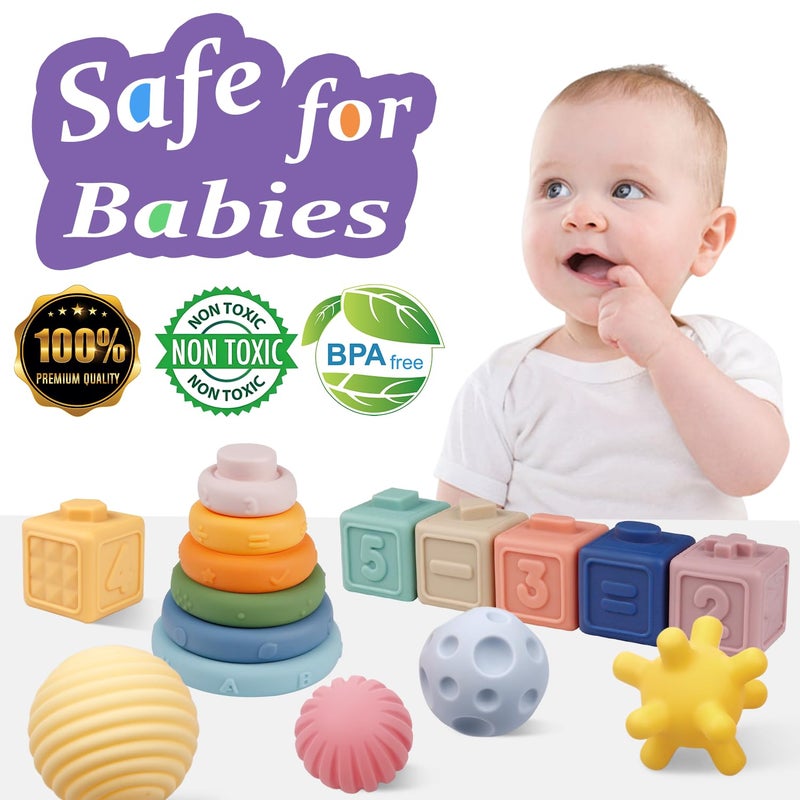 IFLOVE Montessori Toys for Babies,Soft Stacking Building Blocks Rings Balls Sets,3 in 1 Baby Toy Bundle,Sensory Toy for 6-12 Months, Soft Teething Toys,Baby Easter Basket Birthday Gifts for Boy Girl - Image 2