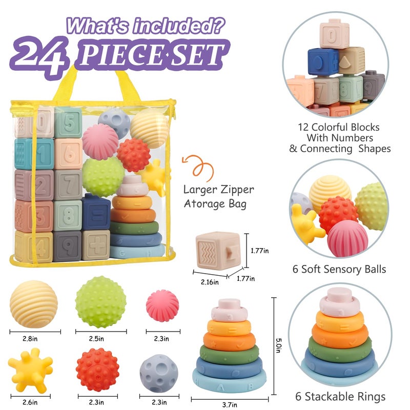 IFLOVE Montessori Toys for Babies,Soft Stacking Building Blocks Rings Balls Sets,3 in 1 Baby Toy Bundle,Sensory Toy for 6-12 Months, Soft Teething Toys,Baby Easter Basket Birthday Gifts for Boy Girl - Image 3