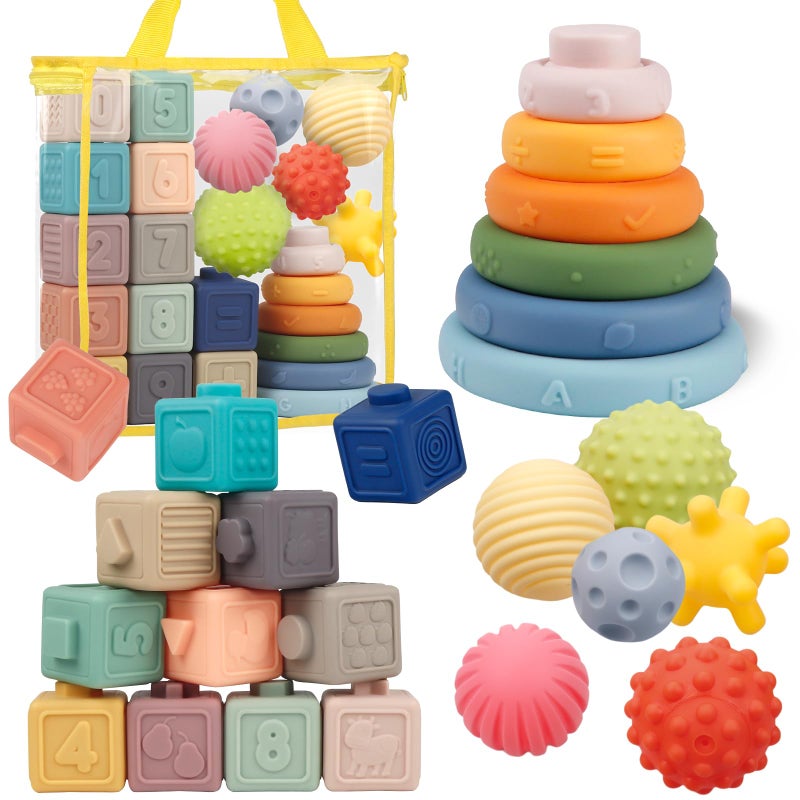 IFLOVE Montessori Toys for Babies,Soft Stacking Building Blocks Rings Balls Sets,3 in 1 Baby Toy Bundle,Sensory Toy for 6-12 Months, Soft Teething Toys,Baby Easter Basket Birthday Gifts for Boy Girl - Image 1