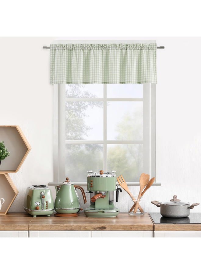 ZJDECOR Sage Green White Buffalo Plaid Valance for Kitchen Bathroom,Gingham Crinkled Not-See-Through Sheer Cafe Curtains,Farmhouse Window Treatment,Rod Pocket,52" Wx15 L(Pack of 1) - Image 1