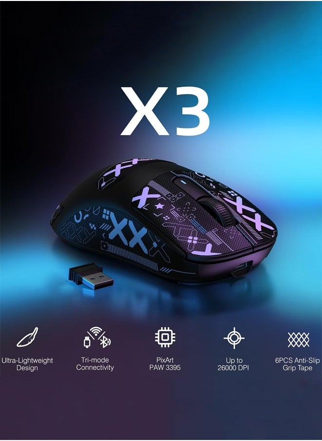X3 Wireless Gaming Mouse, 49g Lightweight Triple Mode Ergonomic Computer Mouse, PAW3395 26K DPI Sensor, 200h Battery Life, Griptape Programmable Buttons for PC/Laptop/Mac/Win