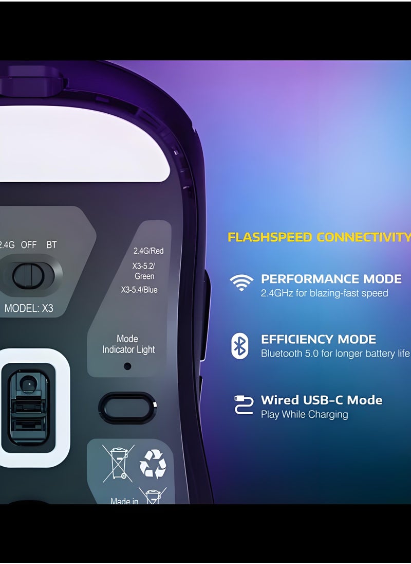 X3 Wireless Gaming Mouse, 49g Lightweight Triple Mode Ergonomic Computer Mouse, PAW3395 26K DPI Sensor, 200h Battery Life, Griptape Programmable Buttons for PC/Laptop/Mac/Win