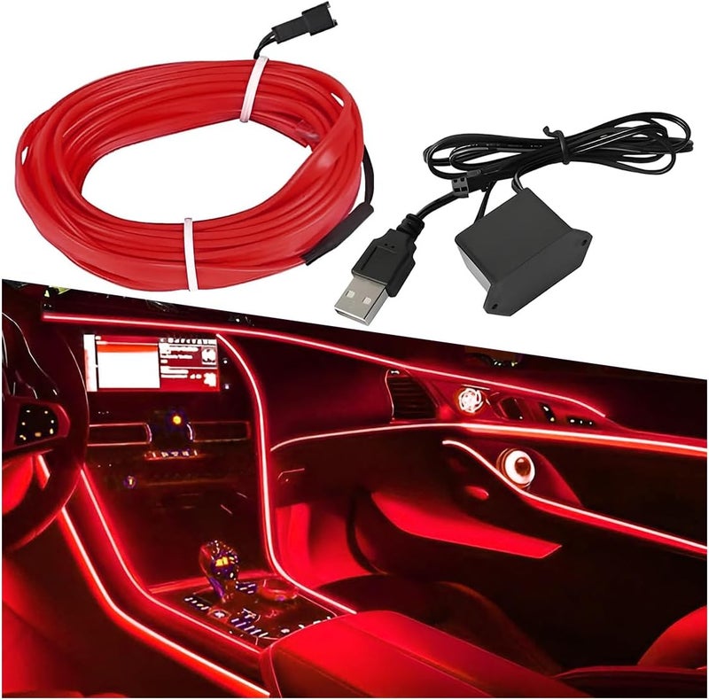 أضواء شريط LED داخلية للسيارة من ، بطول 16 قدم، تعمل بجهد 5 فولت عبر USB، مع حافة خياطة وحماية من الصمامات، ملحق إضاءة محيطة كهربائية متعددة الاستخدامات لتزيين الداخلية (أحمر) - Image 1