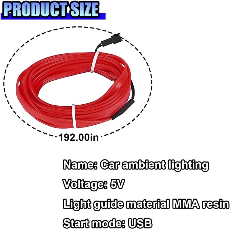أضواء شريط LED داخلية للسيارة من ، بطول 16 قدم، تعمل بجهد 5 فولت عبر USB، مع حافة خياطة وحماية من الصمامات، ملحق إضاءة محيطة كهربائية متعددة الاستخدامات لتزيين الداخلية (أحمر) - Image 2