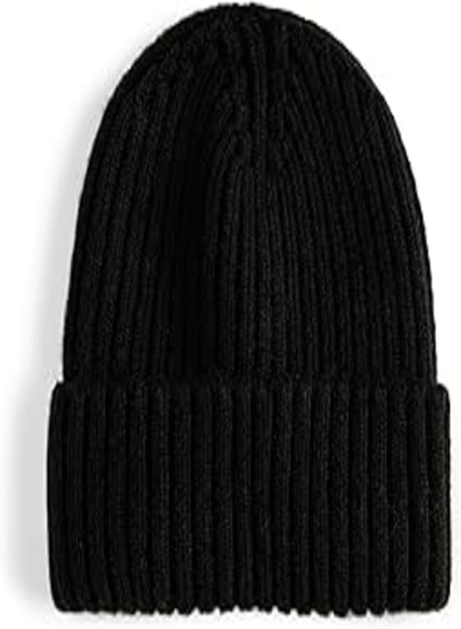 Koton Basic Textured Fold Detail Knit Beanie for Men, One Size, Black (999)