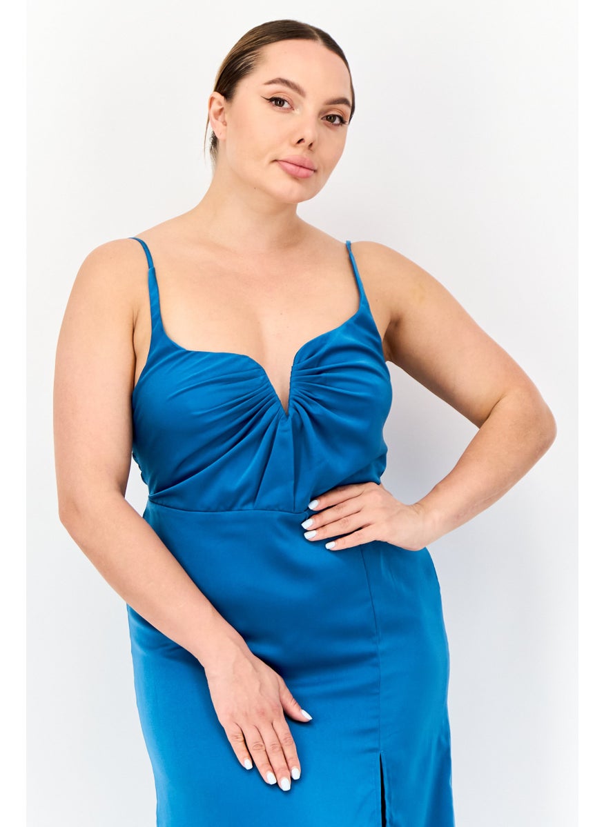 Lulus Women Solid Satin With Slit A-Line Dress, Teal Blue  - Image 3