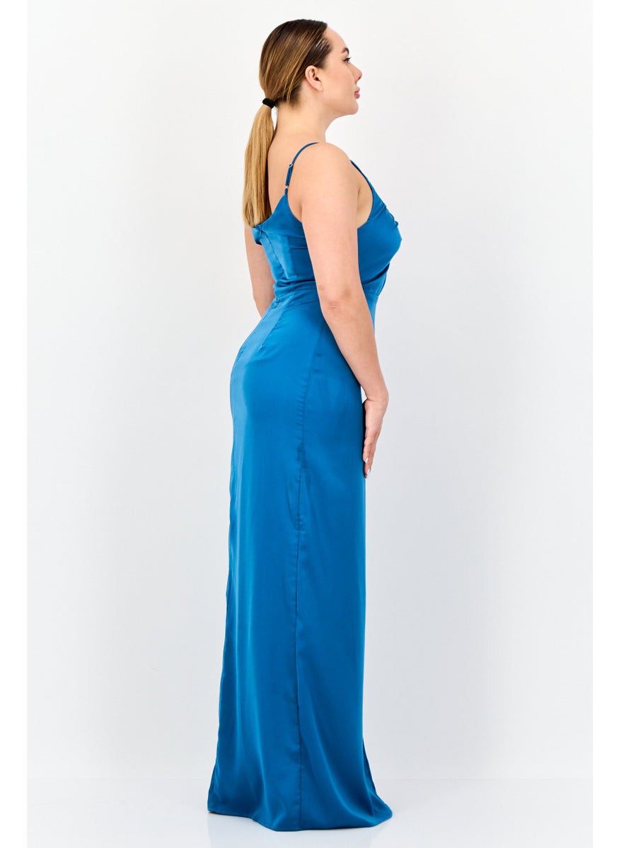 Lulus Women Solid Satin With Slit A-Line Dress, Teal Blue  - Image 4