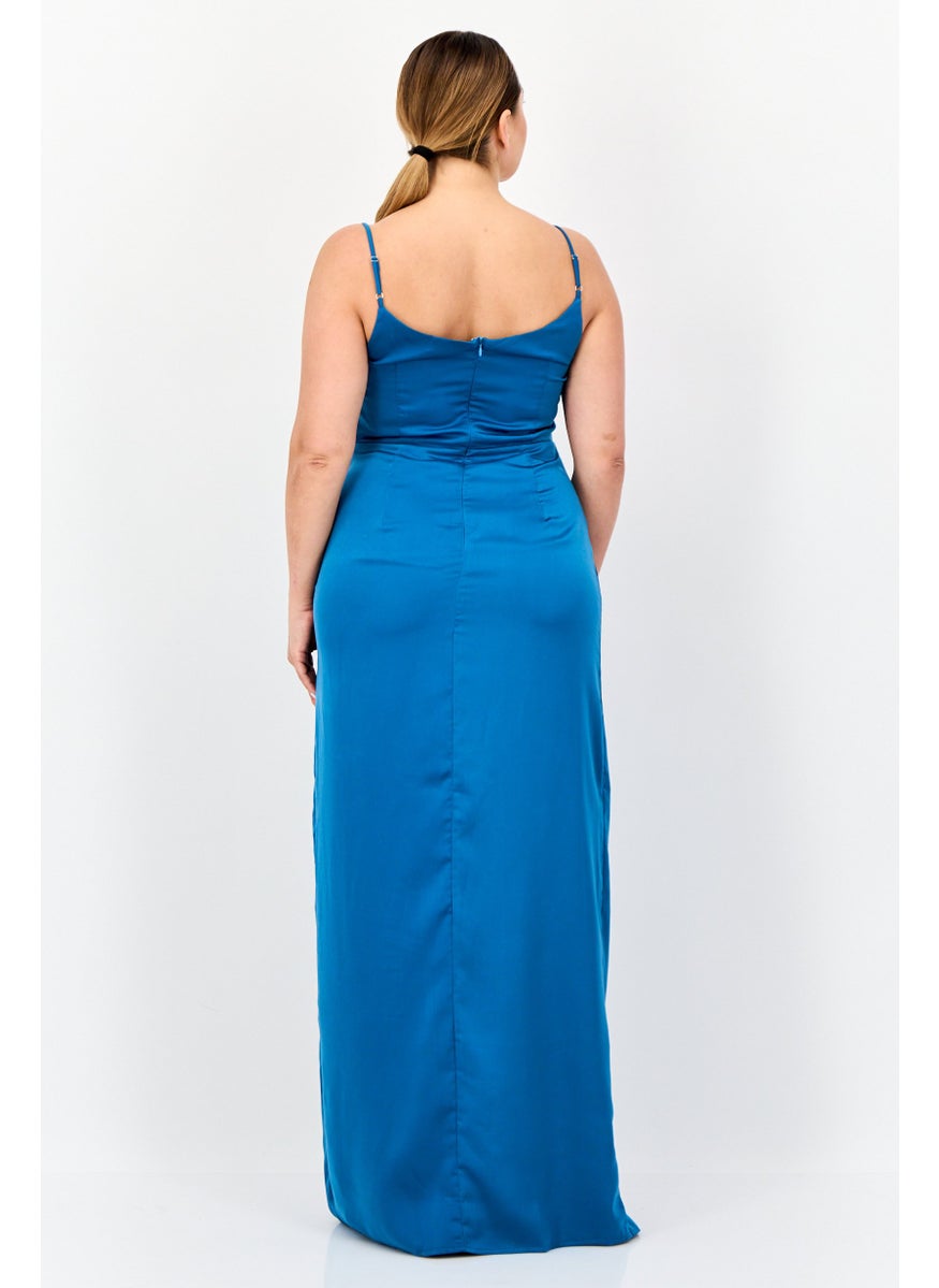 Lulus Women Solid Satin With Slit A-Line Dress, Teal Blue  - Image 2