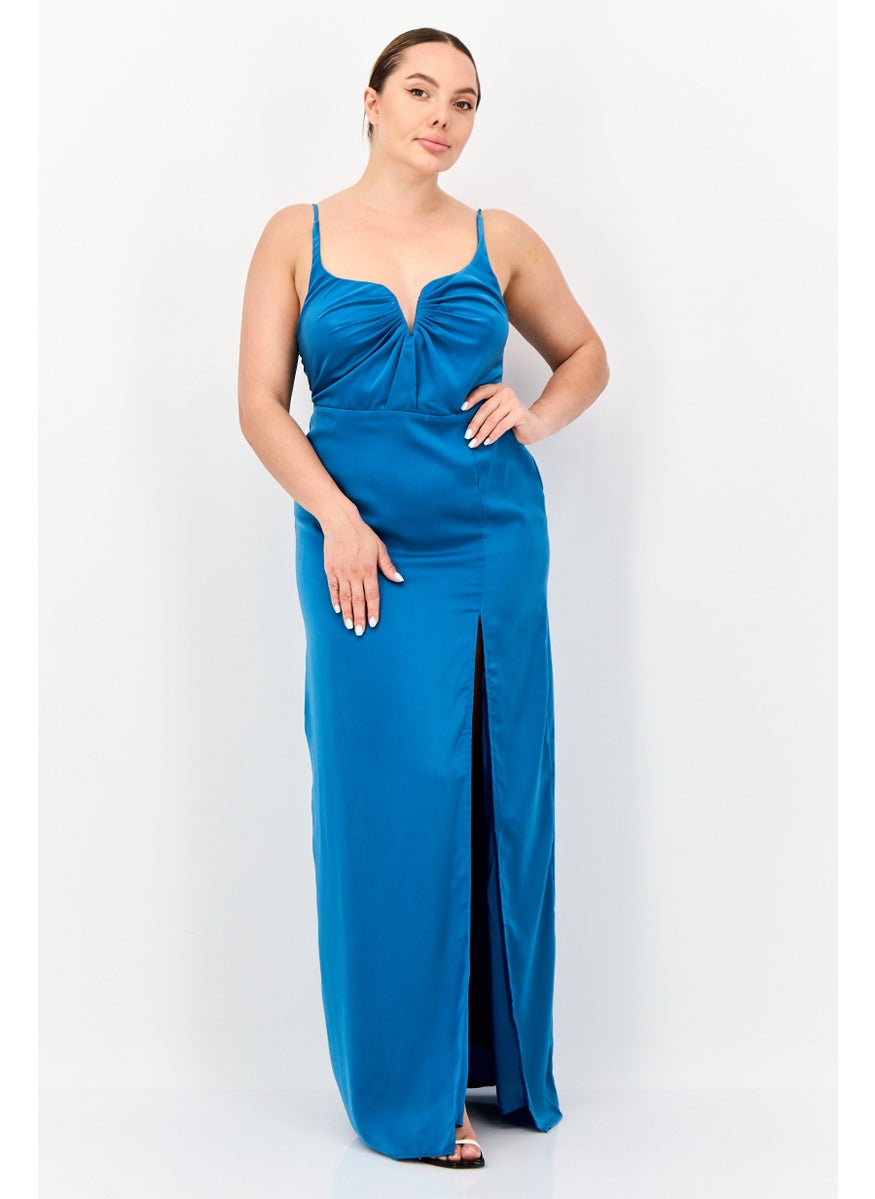 Lulus Women Solid Satin With Slit A-Line Dress, Teal Blue  - Image 1