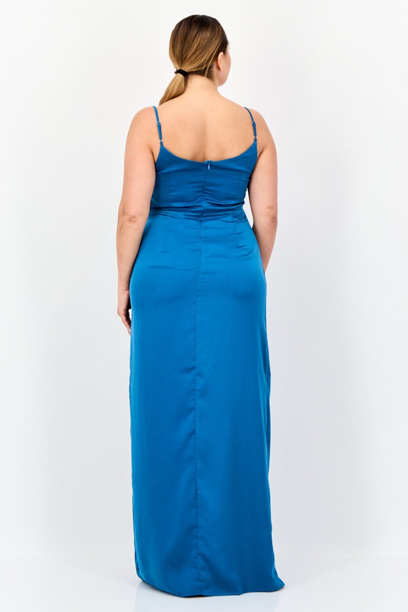 Lulus Women Solid Satin With Slit A-Line Dress, Teal Blue - Image 2