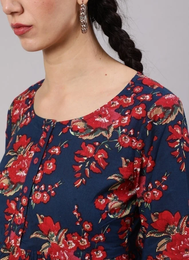 AKS Navy Blue Floral Printed Tunic for Women