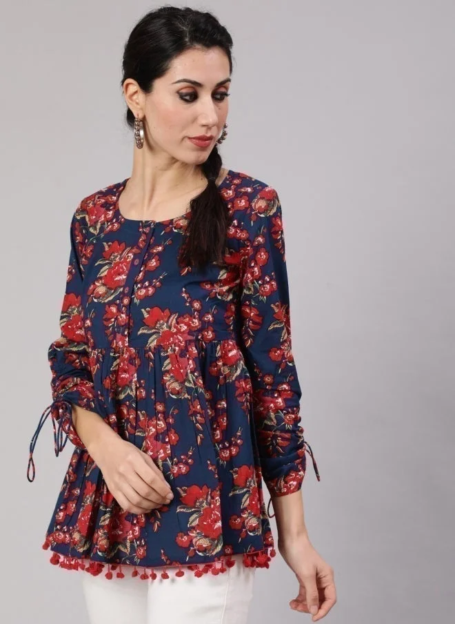 AKS Navy Blue Floral Printed Tunic for Women