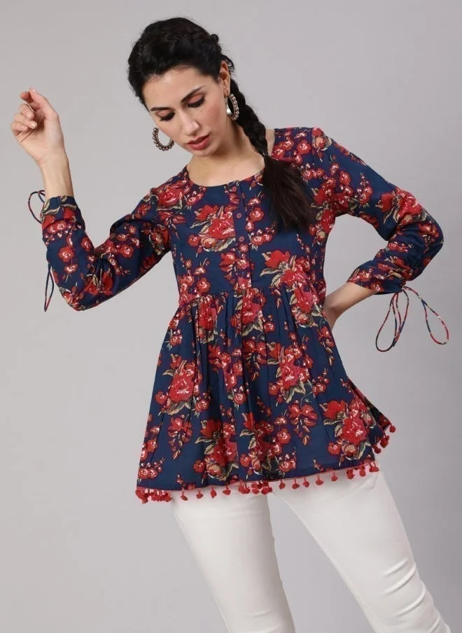 AKS Navy Blue Floral Printed Tunic for Women