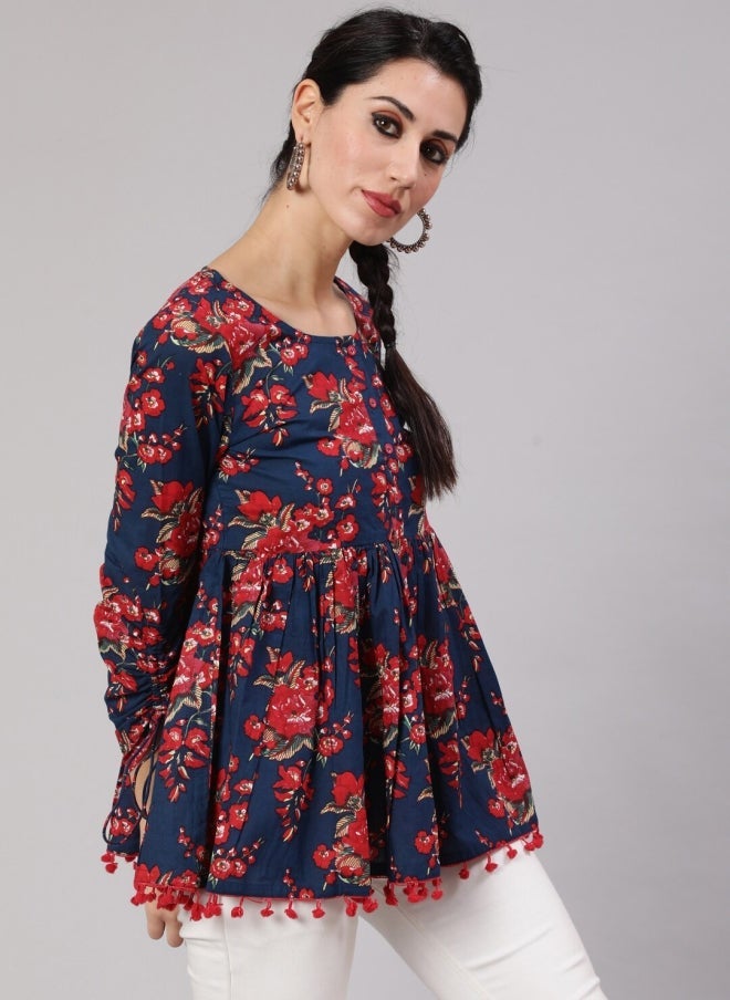 AKS Navy Blue Floral Printed Tunic for Women - Image 3